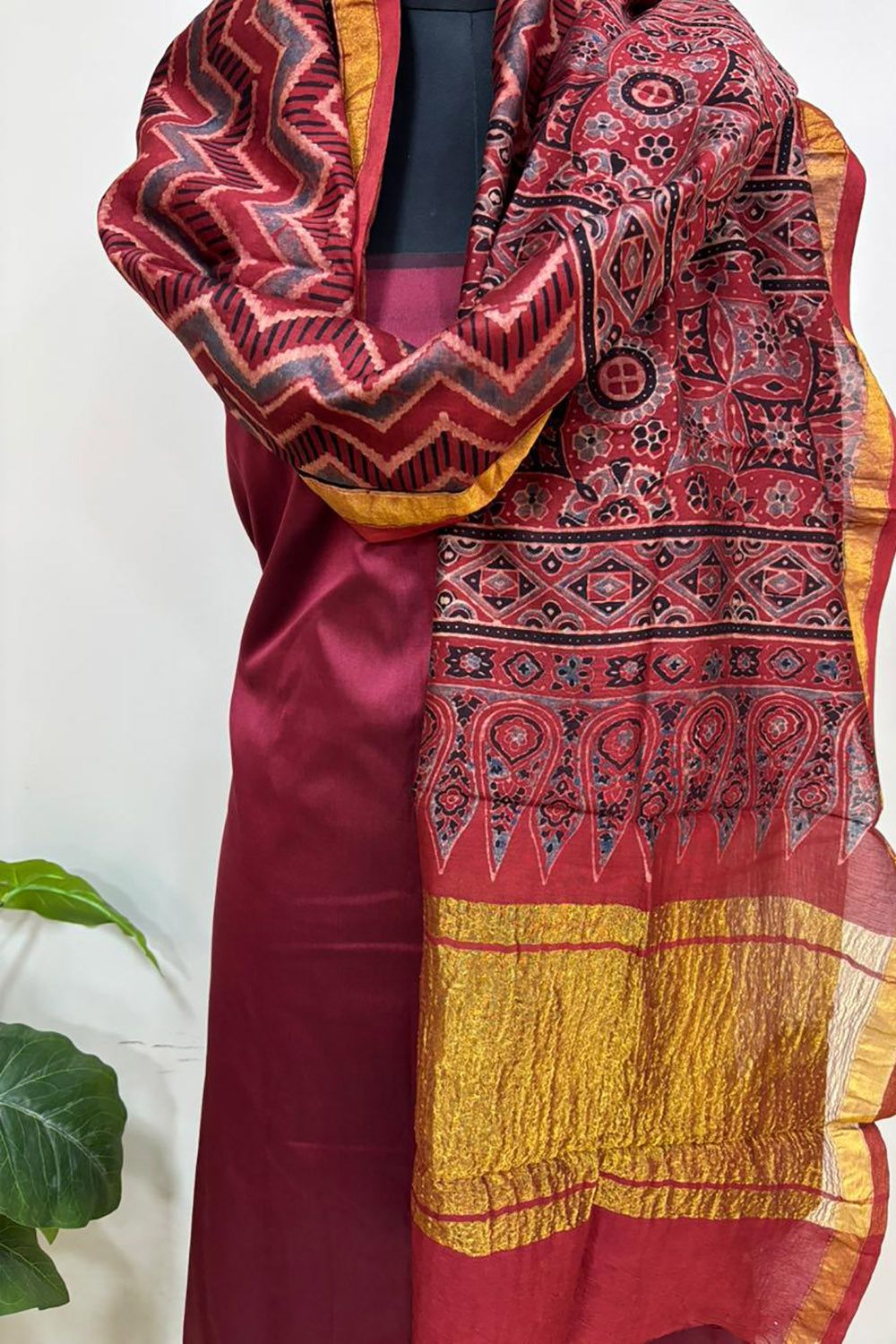 Red Ajrakh Block Printed Chanderi Silk Tissue Border Dupatta - Luxurion World