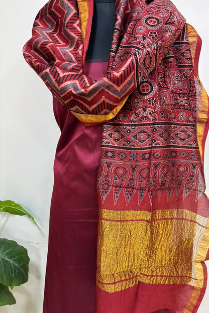 Red Ajrakh Block Printed Chanderi Silk Tissue Border Dupatta - Luxurion World