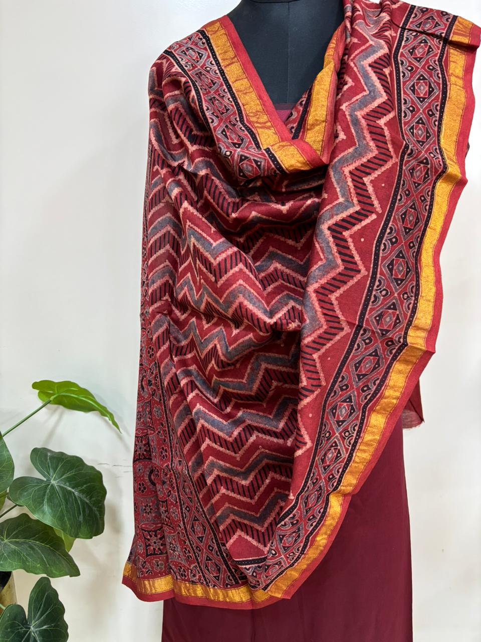 Red Ajrakh Block Printed Chanderi Silk Tissue Border Dupatta - Luxurion World