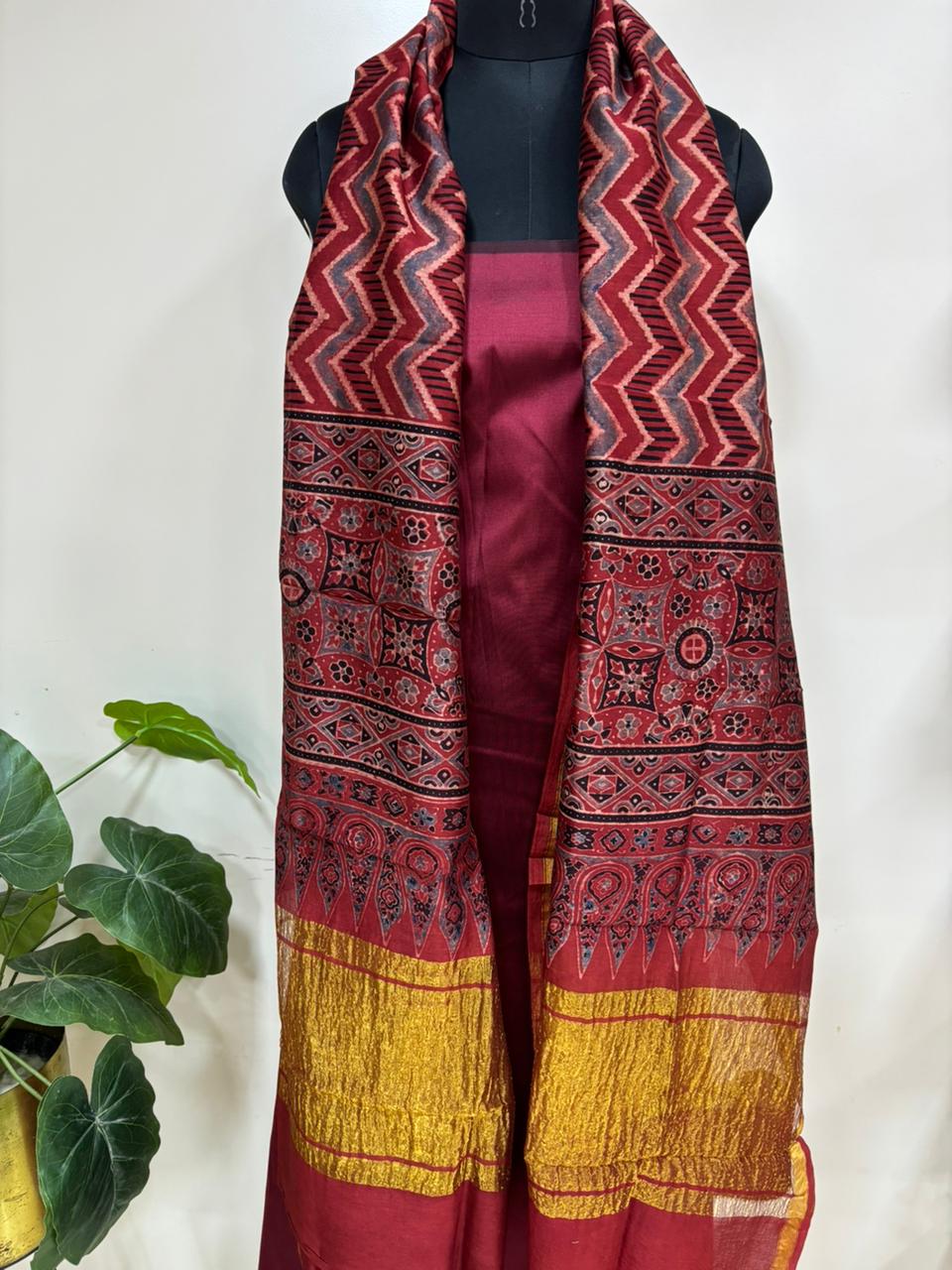 Red Ajrakh Block Printed Chanderi Silk Tissue Border Dupatta - Luxurion World