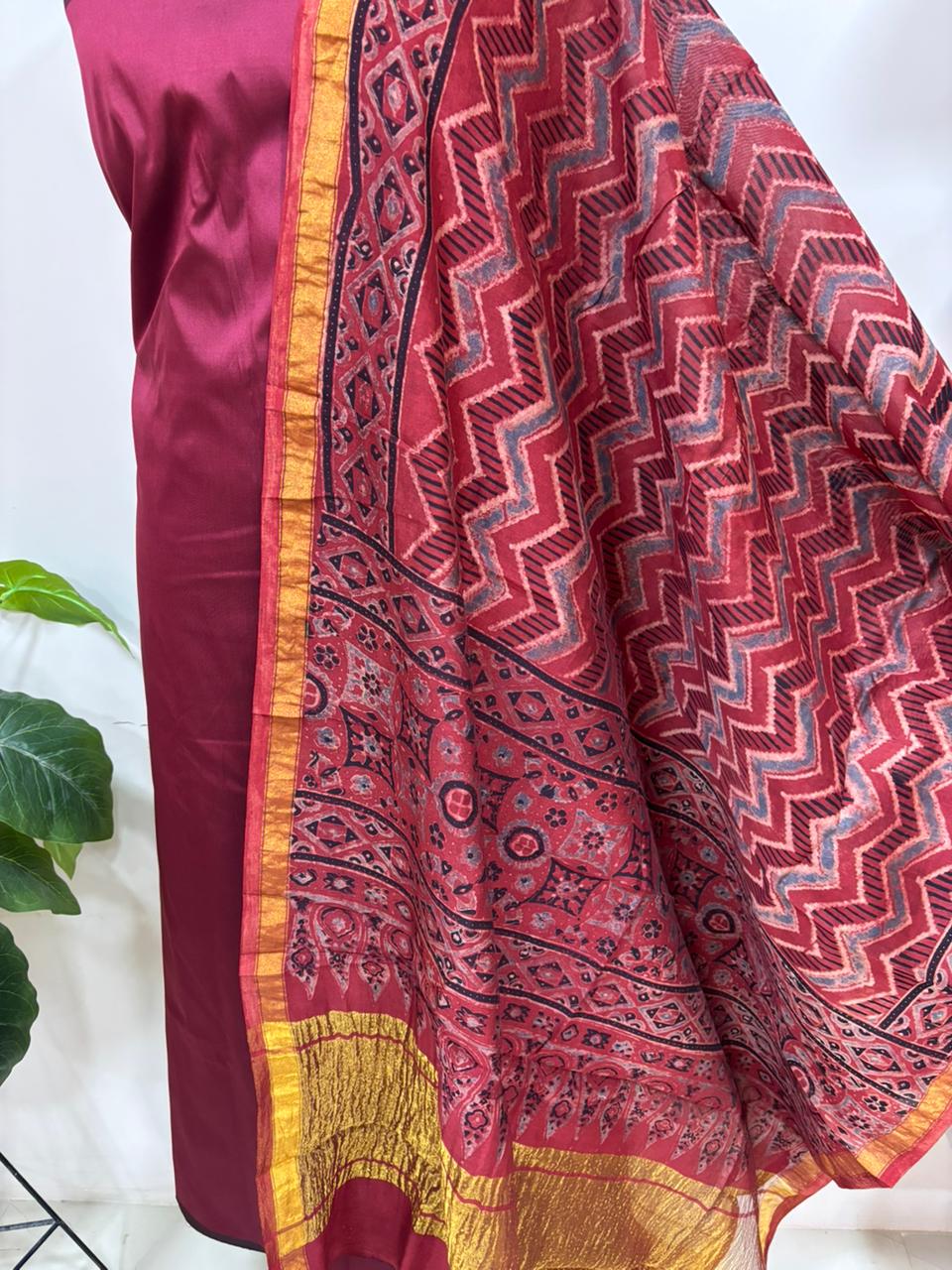 Red Ajrakh Block Printed Chanderi Silk Tissue Border Dupatta - Luxurion World