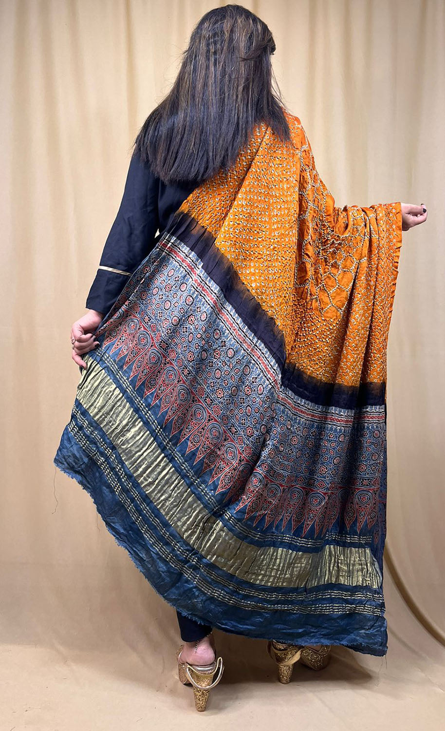 Yellow Gajji Silk Ajrakh Bandhani Dupatta - Luxurion World