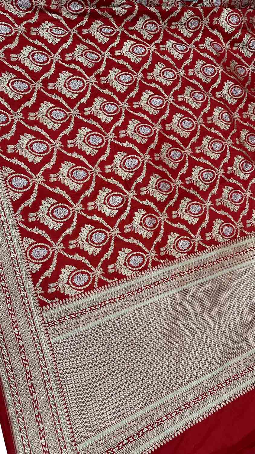 Red Banarasi Pure Katan Silk Handloom Dupatta - Luxurion World