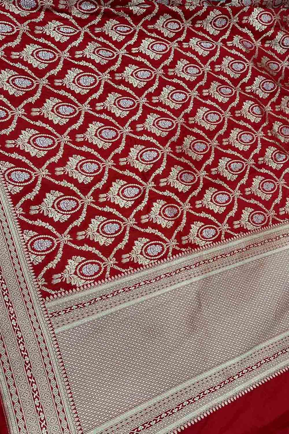 Red Banarasi Pure Katan Silk Handloom Dupatta - Luxurion World