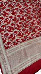 Exquisite Red Banarasi Katan Silk Handloom Dupatta - Luxurion World