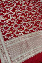Exquisite Red Banarasi Katan Silk Handloom Dupatta - Luxurion World