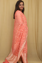 Peach Banarasi Handloom Pure Georgette Dupatta - Luxurion World- Crafted Heirlooms