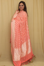 Peach Banarasi Handloom Pure Georgette Dupatta - Luxurion World- Crafted Heirlooms