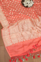 Peach Banarasi Handloom Pure Georgette Dupatta - Luxurion World- Crafted Heirlooms
