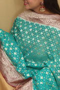 Exquisite Blue Banarasi Handloom Pure Georgette Dupatta - Luxurion World- Crafted Heirlooms