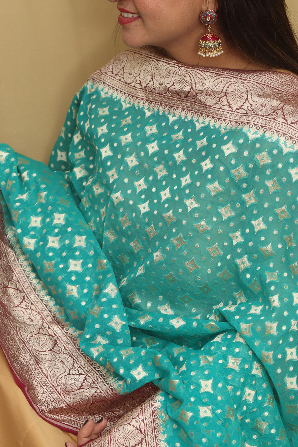 Exquisite Blue Banarasi Handloom Pure Georgette Dupatta - Luxurion World- Crafted Heirlooms