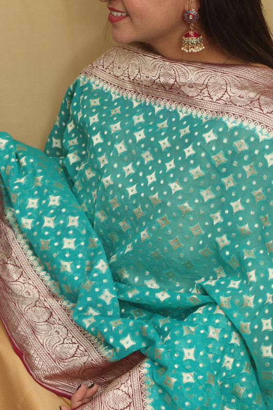 Exquisite Blue Banarasi Handloom Pure Georgette Dupatta - Luxurion World