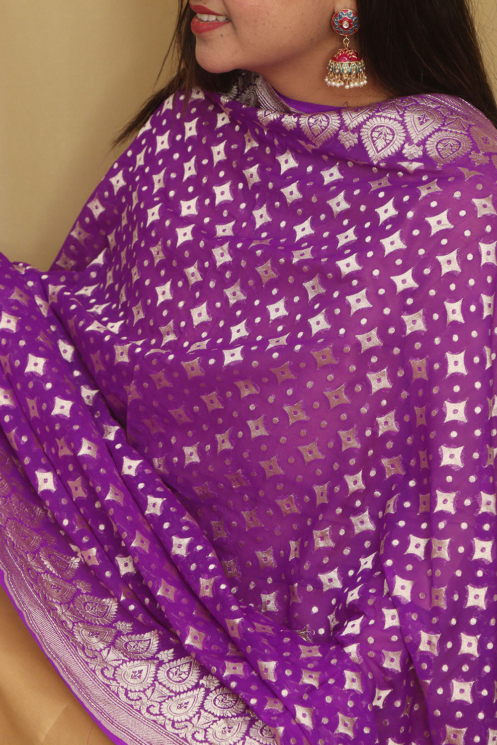 Exquisite Purple Banarasi Handloom Pure Georgette Dupatta - Luxurion World- Crafted Heirlooms