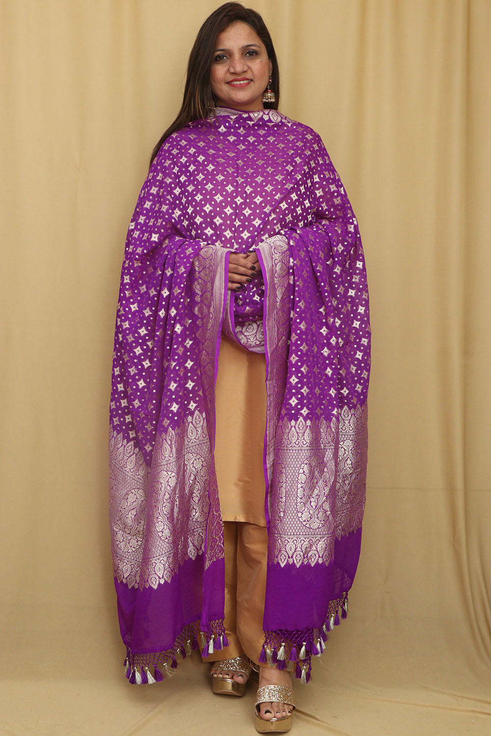 Exquisite Purple Banarasi Handloom Pure Georgette Dupatta - Luxurion World- Crafted Heirlooms