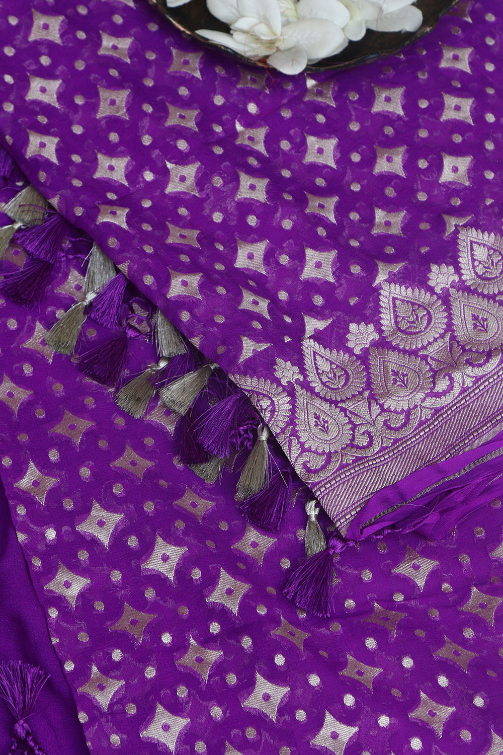 Exquisite Purple Banarasi Handloom Pure Georgette Dupatta - Luxurion World- Crafted Heirlooms