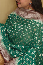 Exquisite Green Banarasi Handloom Pure Georgette Dupatta - Luxurion World- Crafted Heirlooms