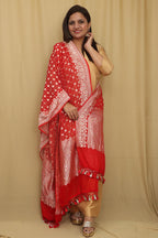 Exquisite Red Banarasi Handloom Pure Georgette Dupatta - Luxurion World- Crafted Heirlooms