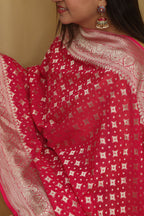 Exquisite Pink Banarasi Handloom Pure Georgette Dupatta - Luxurion World- Crafted Heirlooms