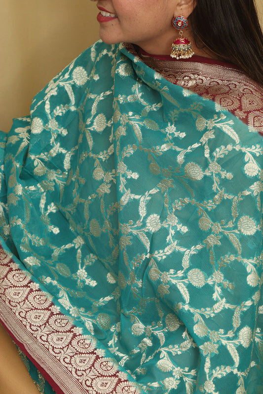 Exquisite Blue Banarasi Handloom Pure Georgette Dupatta - Luxurion World