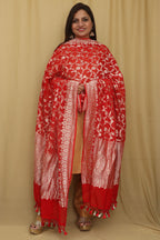 Exquisite Red Banarasi Handloom Pure Georgette Dupatta - Luxurion World- Crafted Heirlooms