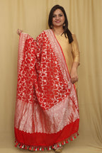 Exquisite Red Banarasi Handloom Pure Georgette Dupatta - Luxurion World- Crafted Heirlooms