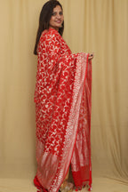 Exquisite Red Banarasi Handloom Pure Georgette Dupatta - Luxurion World- Crafted Heirlooms