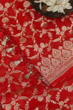 Exquisite Red Banarasi Handloom Pure Georgette Dupatta - Luxurion World- Crafted Heirlooms
