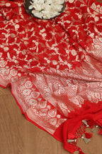 Exquisite Red Banarasi Handloom Pure Georgette Dupatta - Luxurion World- Crafted Heirlooms