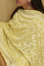 Yellow Banarasi Handloom Pure Georgette Dupatta - Luxurion World- Crafted Heirlooms