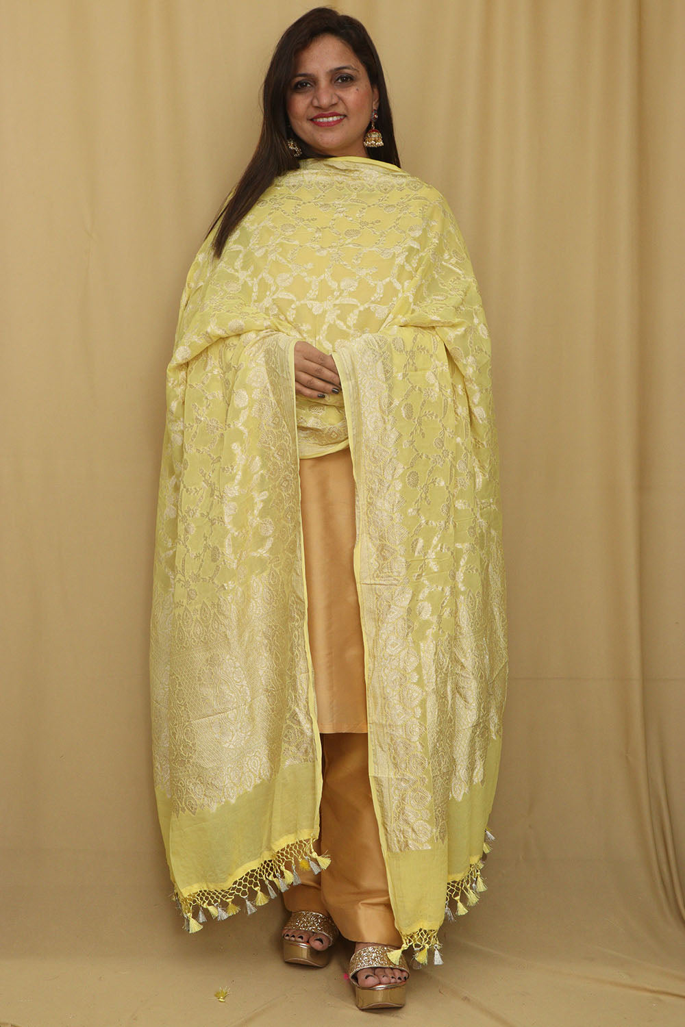 Yellow Banarasi Handloom Pure Georgette Dupatta - Luxurion World- Crafted Heirlooms