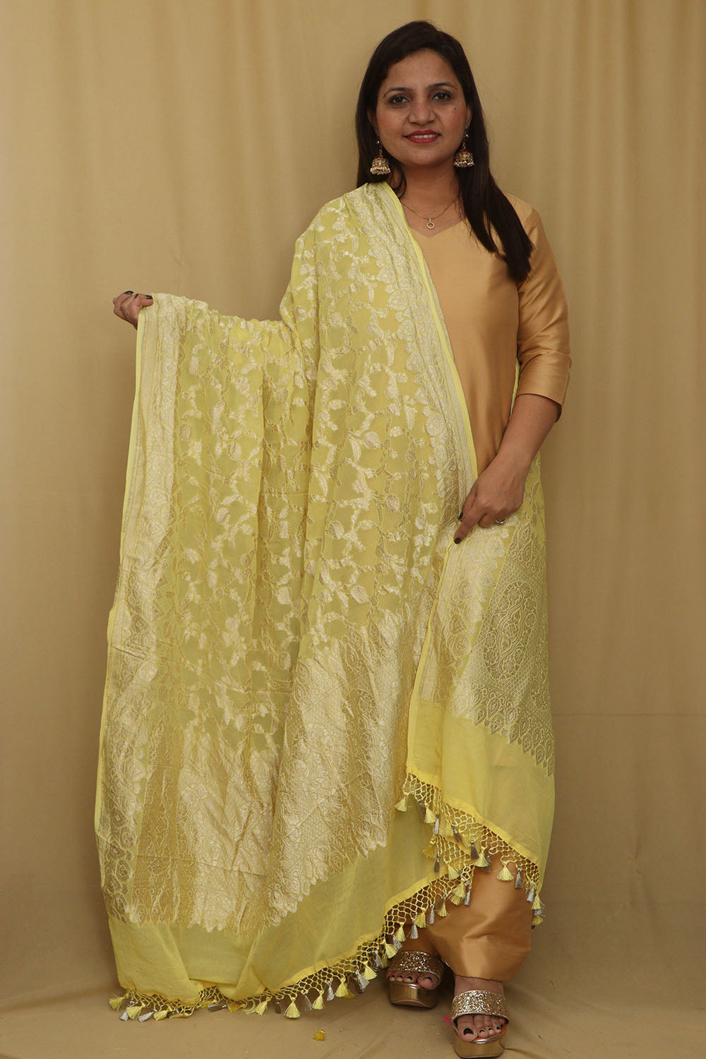 Yellow Banarasi Handloom Pure Georgette Dupatta - Luxurion World- Crafted Heirlooms