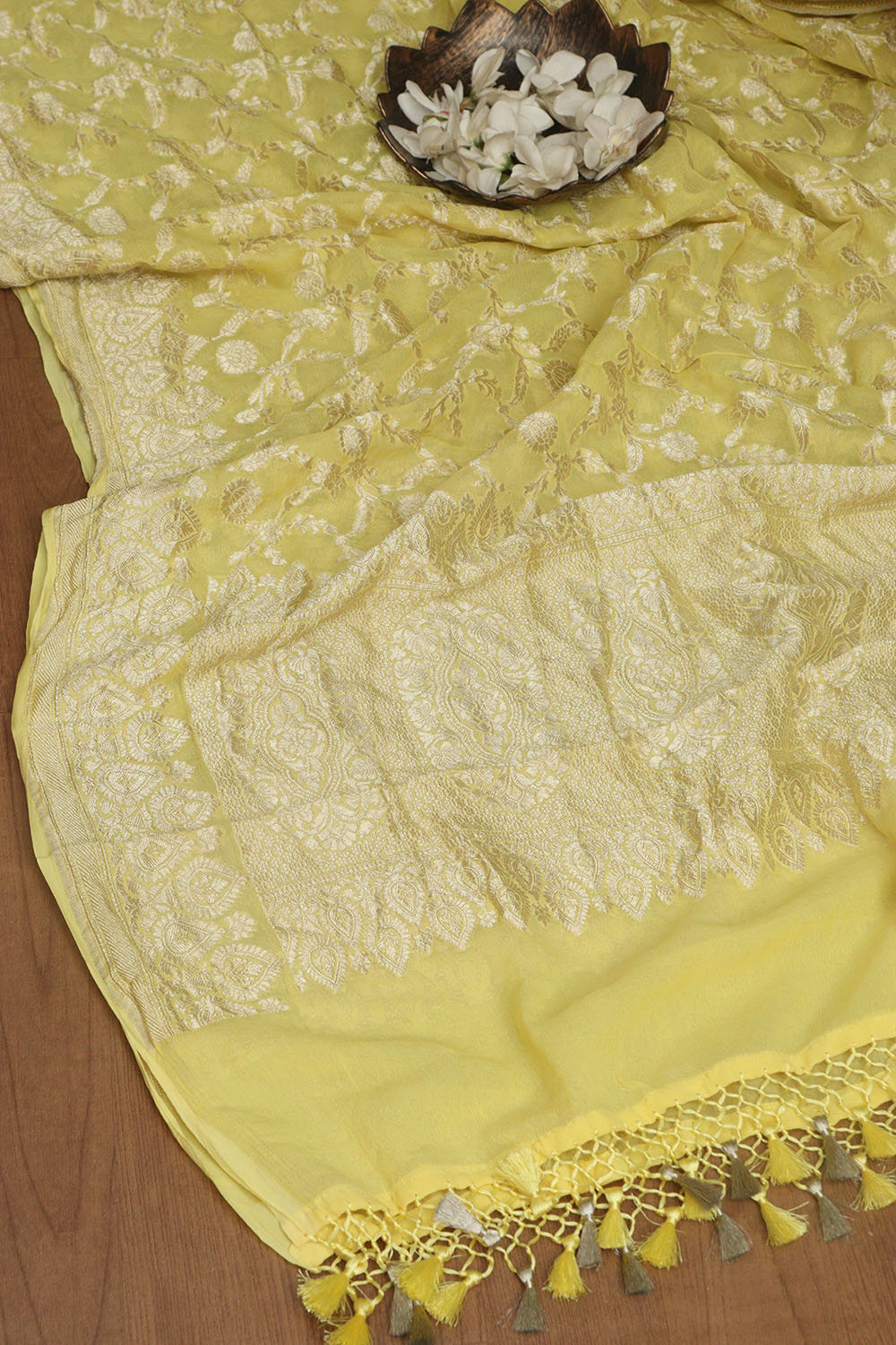 Yellow Banarasi Handloom Pure Georgette Dupatta - Luxurion World- Crafted Heirlooms