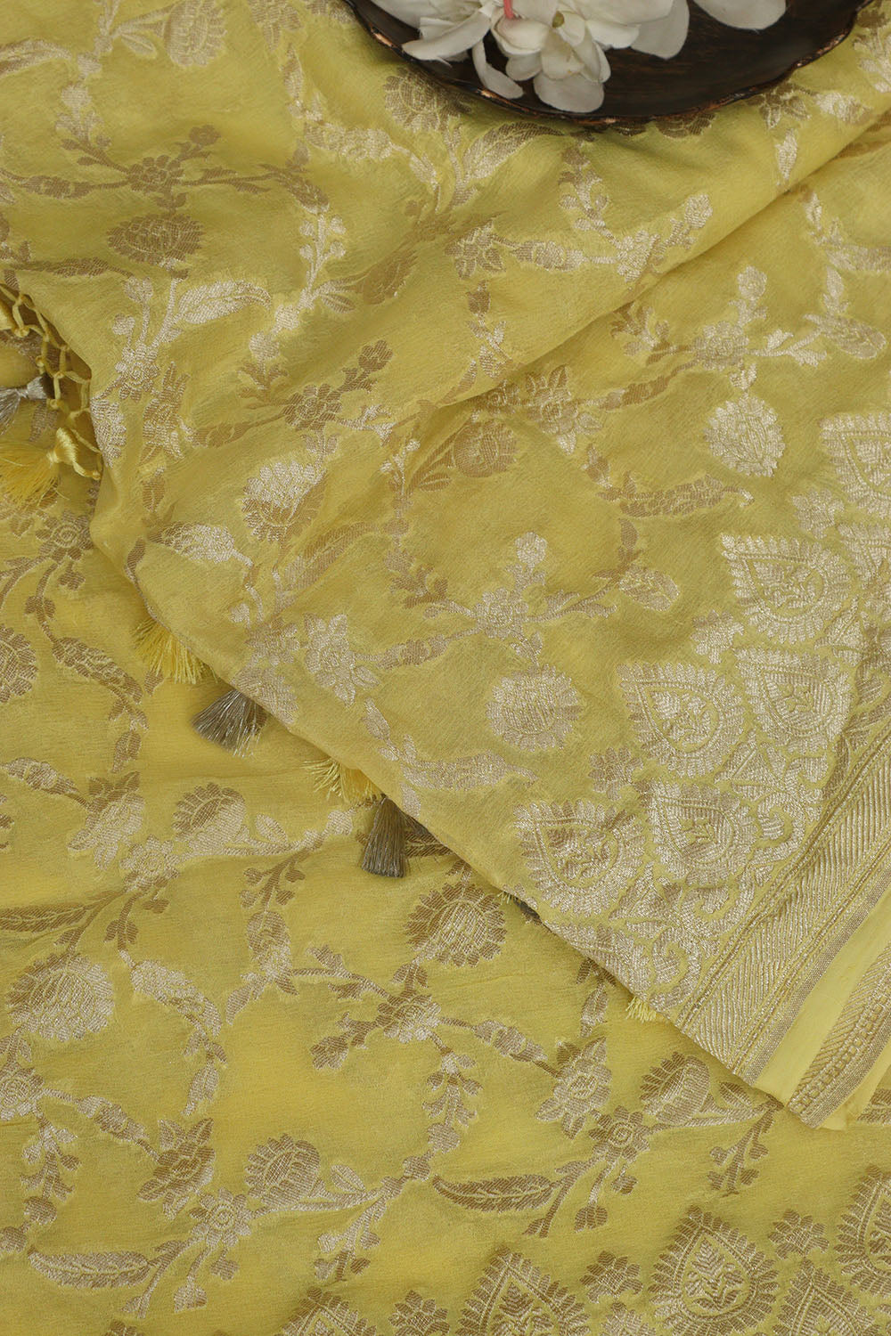 Yellow Banarasi Handloom Pure Georgette Dupatta - Luxurion World- Crafted Heirlooms