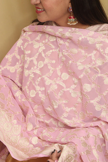 Exquisite Pink Banarasi Handloom Pure Georgette Dupatta - Luxurion World