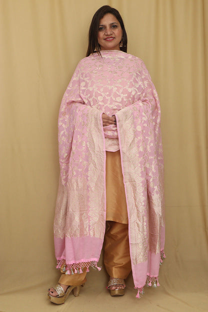 Exquisite Pink Banarasi Handloom Pure Georgette Dupatta - Luxurion World