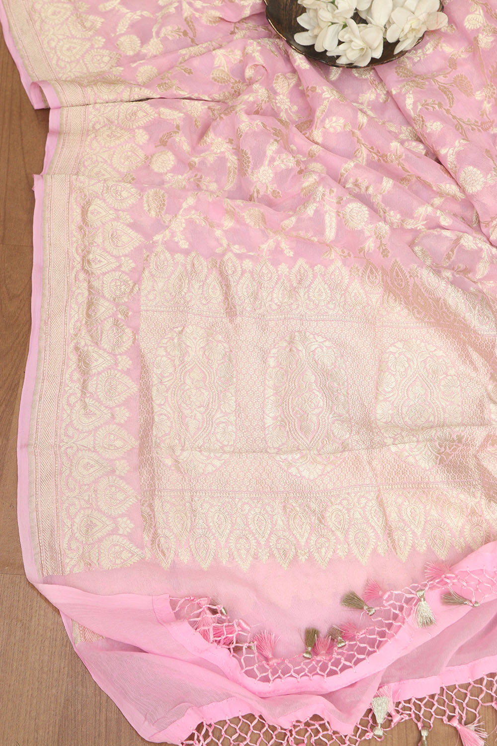 Exquisite Pink Banarasi Handloom Pure Georgette Dupatta - Luxurion World