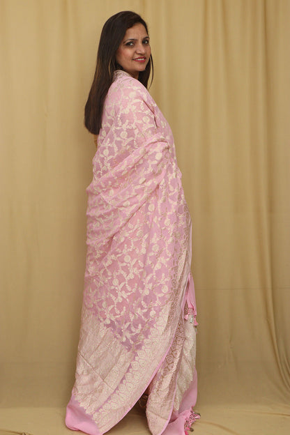 Exquisite Pink Banarasi Handloom Pure Georgette Dupatta - Luxurion World