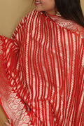 Exquisite Red Banarasi Handloom Pure Georgette Dupatta - Luxurion World- Crafted Heirlooms
