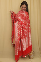 Exquisite Red Banarasi Handloom Pure Georgette Dupatta - Luxurion World- Crafted Heirlooms