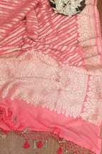 Exquisite Pink Banarasi Handloom Pure Georgette Dupatta - Luxurion World- Crafted Heirlooms
