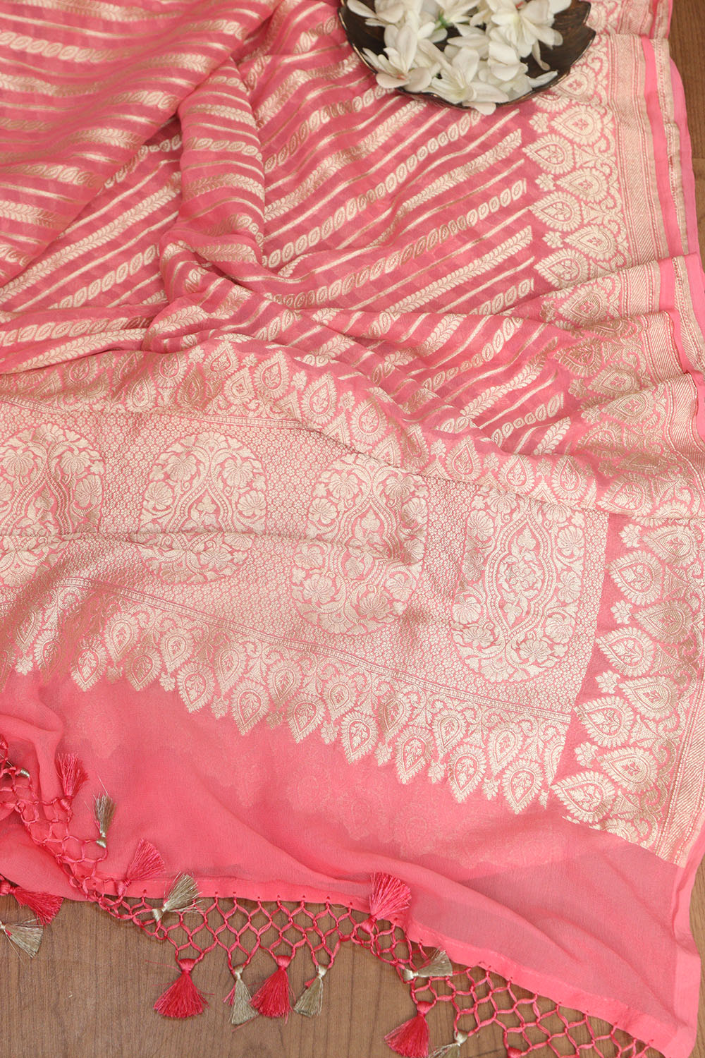 Exquisite Pink Banarasi Handloom Pure Georgette Dupatta - Luxurion World- Crafted Heirlooms