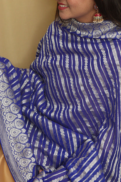 Exquisite Blue Banarasi Handloom Pure Georgette Dupatta - Luxurion World