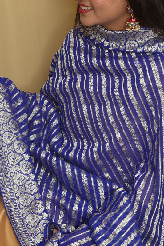 Exquisite Blue Banarasi Handloom Pure Georgette Dupatta - Luxurion World