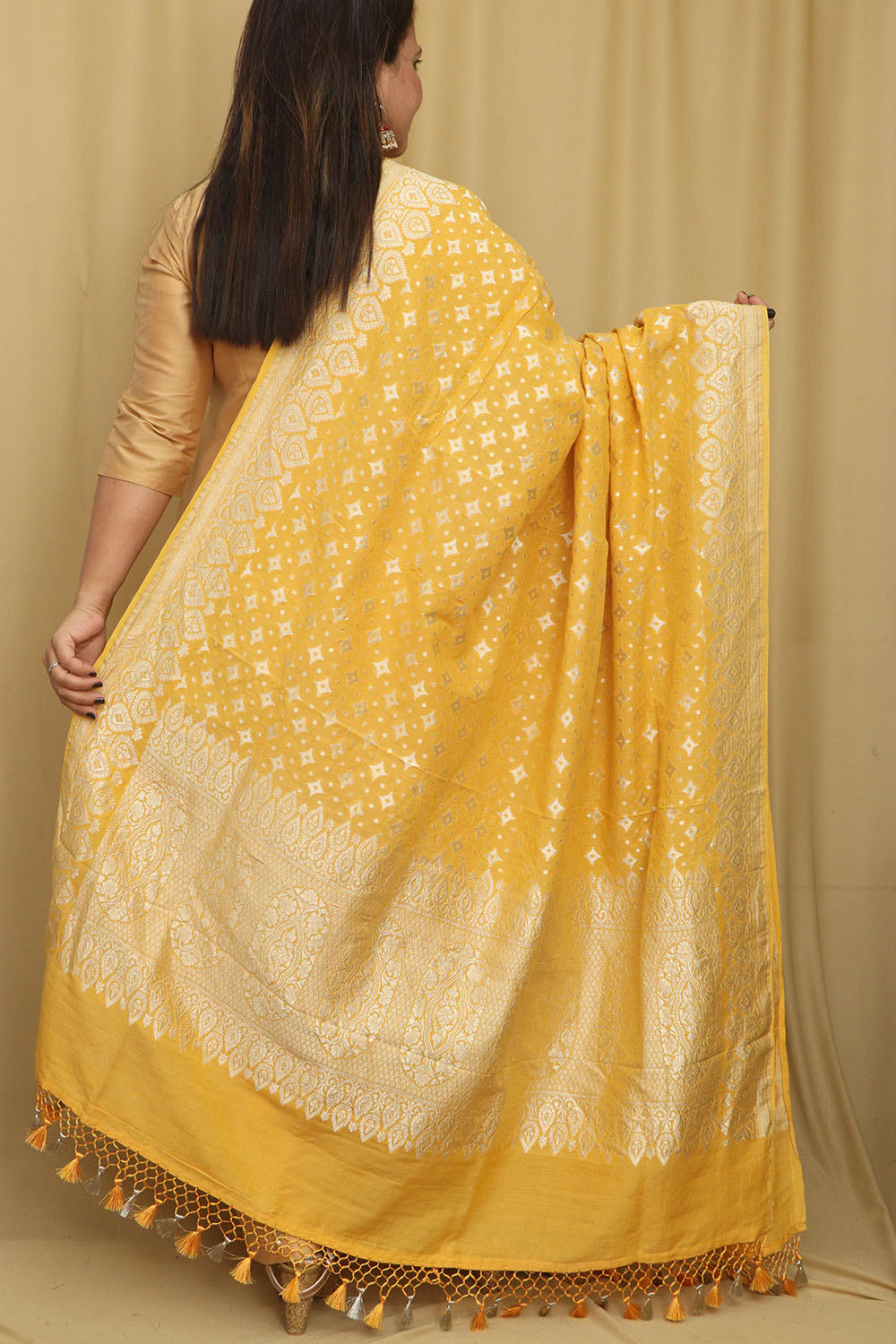 Exquisite Yellow Banarasi Handloom Pure Moonga Silk Dupatta - Luxurion World