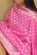 Exquisite Pink Banarasi Handloom Pure Moonga Silk Dupatta - Luxurion World- Crafted Heirlooms