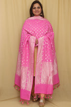 Exquisite Pink Banarasi Handloom Pure Moonga Silk Dupatta - Luxurion World- Crafted Heirlooms
