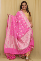 Exquisite Pink Banarasi Handloom Pure Moonga Silk Dupatta - Luxurion World- Crafted Heirlooms