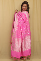Exquisite Pink Banarasi Handloom Pure Moonga Silk Dupatta - Luxurion World- Crafted Heirlooms
