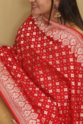 Exquisite Red Banarasi Handloom Pure Moonga Silk Dupatta - Luxurion World- Crafted Heirlooms