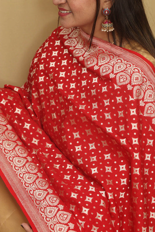 Exquisite Red Banarasi Handloom Pure Moonga Silk Dupatta - Luxurion World